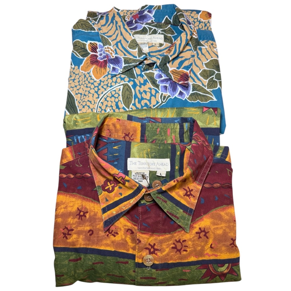 Bundle The Territory Ahead Mens L Short Sleeve Button Up Shirt Abstract Hawaiian